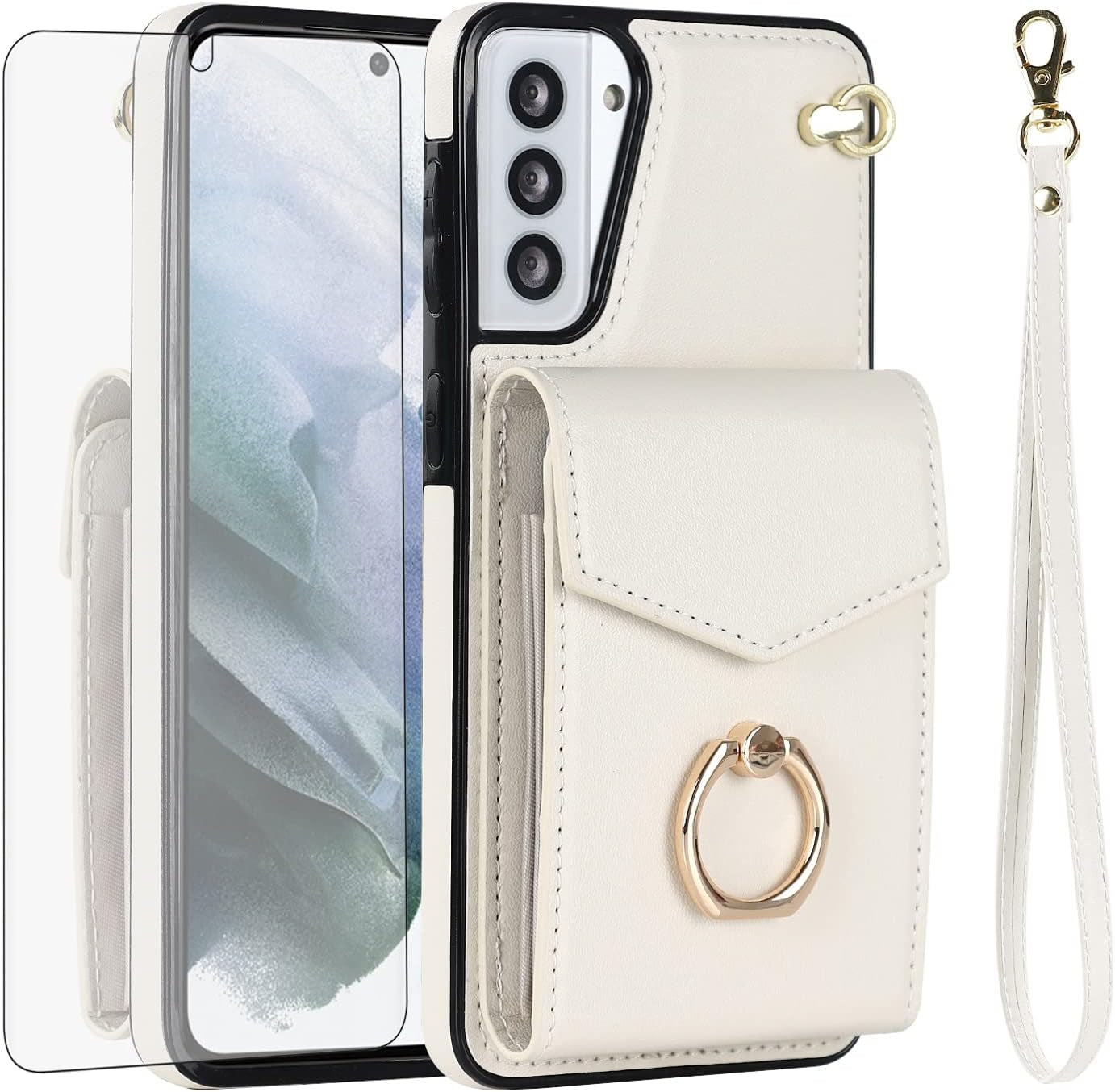 Asuwish Phone Case for Samsung Galaxy S21 plus S21+ 5G Wallet Cover with Tempered Glass Screen Protector and RFID Blocking Ring Credit Card Holder Cell S21+5G S21Plus 21S + S 21 21+ G5 Women Rose Gold  Asuwish Off White For S21 Plus / S21 Plus 5G 