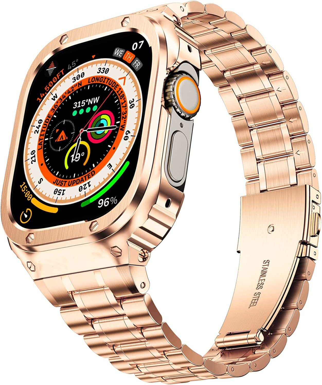 Miohhr Stainless Steel Watch Band with Case Compatible with Apple Watch Ultra (49Mm),Rugged Strap with Metal Protective Bumper Cover for Iwatch Band Men (Silver)  MioHHR Rose gold-49 49mm(Ultra） 