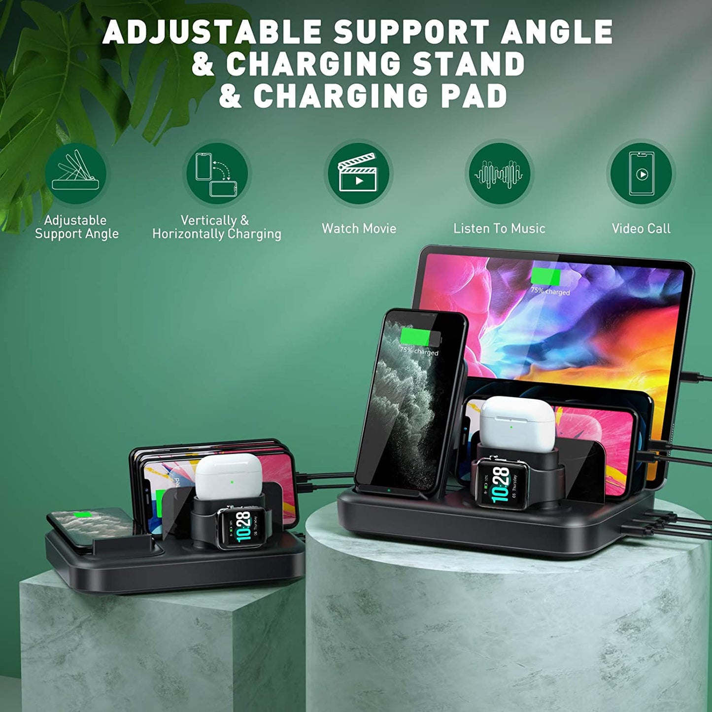 Seenda Wireless Charging Station for Multiple Devices - 6 in 1 USB Charging Dock Built-In AC Adapter with 10W Max Wireless Charger Stand and 5 USB Ports for Iphone, Ipad, Android, Apple Watch, Airpods  seenda charging   