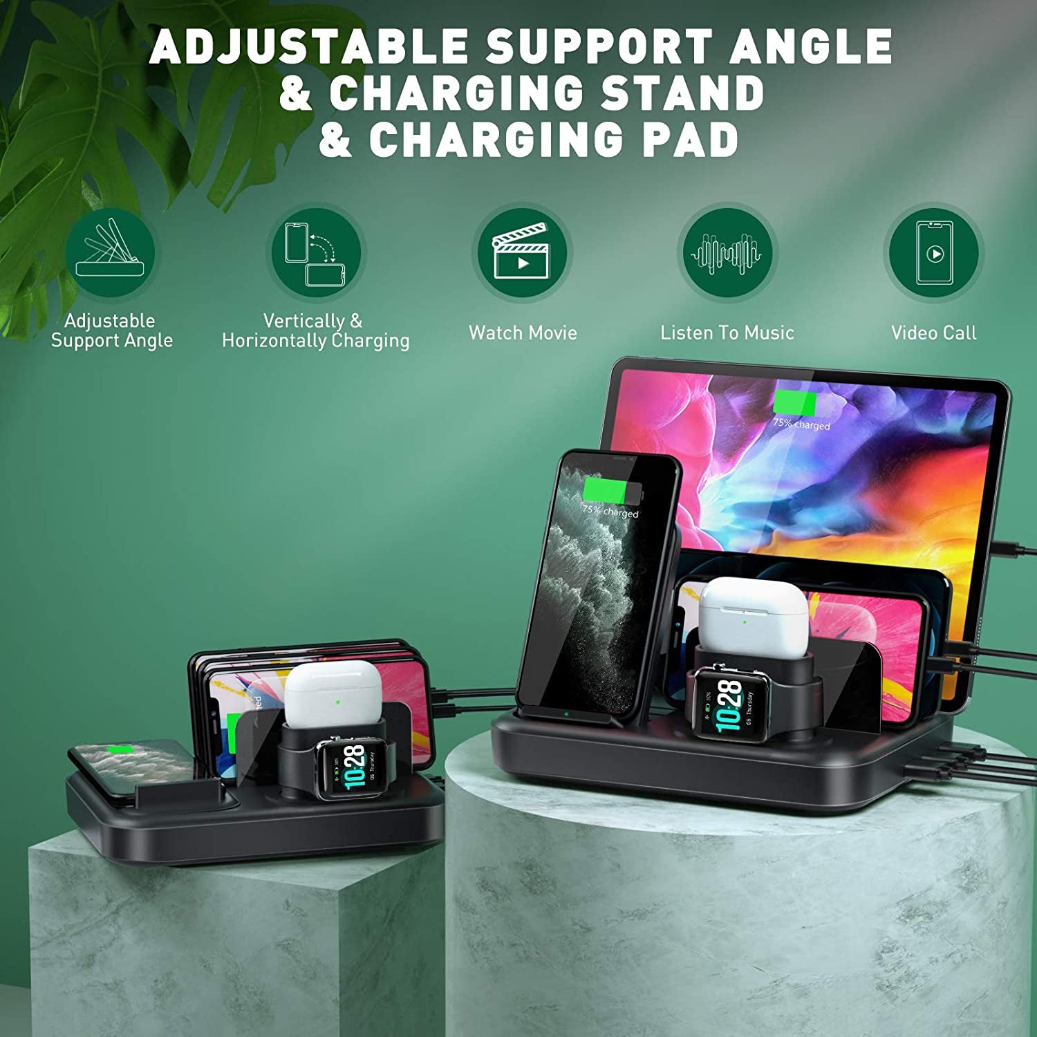 Seenda Wireless Charging Station for Multiple Devices - 6 in 1 USB Charging Dock Built-In AC Adapter with 10W Max Wireless Charger Stand and 5 USB Ports for Iphone, Ipad, Android, Apple Watch, Airpods  seenda charging   