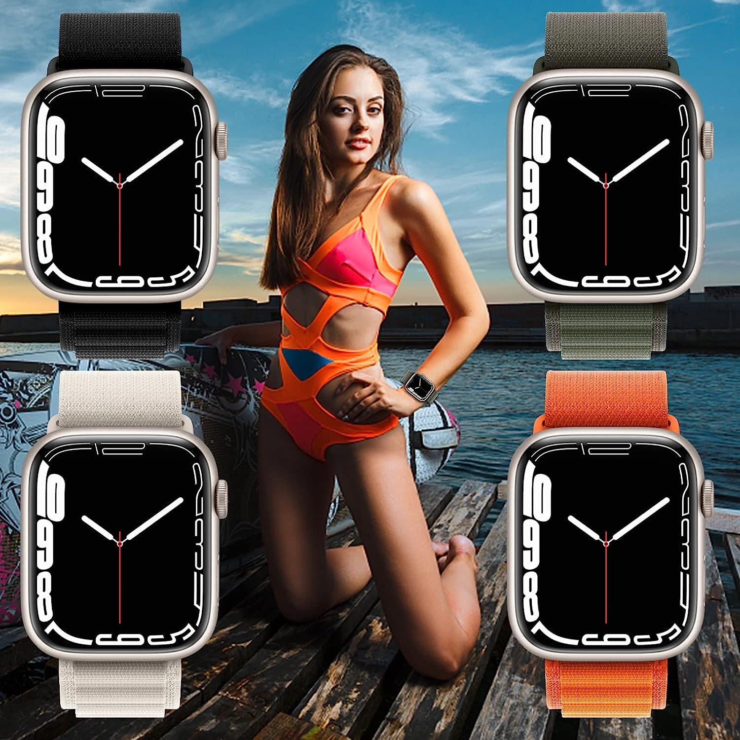 4 Pack Alpine Loop Nylon Band Compatible with Apple Watch Band 42Mm 44Mm 45Mm 49Mm Women Men, Adjustable with Metal G-Hook Strap for Iwatch Ultra Series SE 8/7/6/5/4/3/2/1,Black/Orange/Starlight/Green  FnKer   