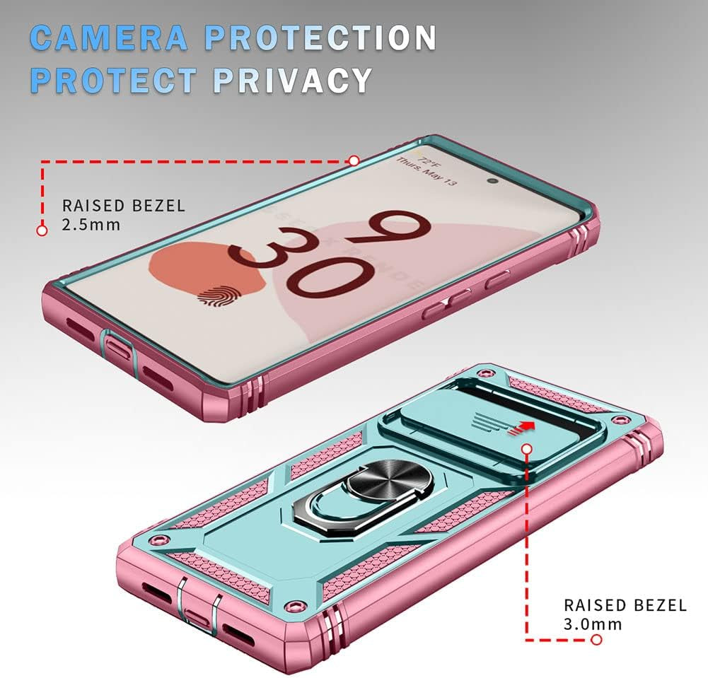 Google Pixel 6 Pro Case with Slide Camera Cover&Card Slot& Ring Kickstand Shockproof Military Grade Heavy Duty Protective Case Support Car Magnetic Holder for Google Pixel 6 Pro(2021)-Green/Pink  MOKYYDS   
