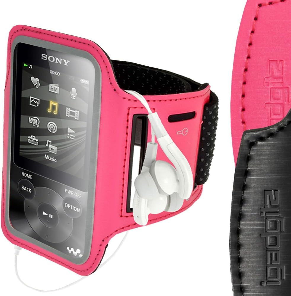 Igadgitz U2761 Anti-Slip Reflective Neoprene Armband Compatible with Sony Walkman NWZ-E585 and NWZ-E380 Sports Jogging Gym - Pink  igadgitz   