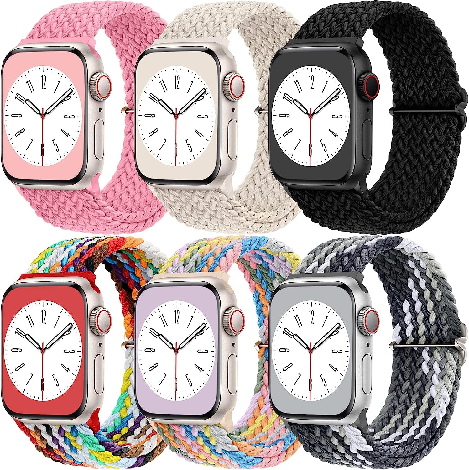 6 Pack Stretchy Braided Solo Loop Compatible with Apple Watch Band 38Mm 40Mm 41M 42Mm 44Mm 45Mm 49Mm Women Men, Adjustable Elastic Nylon Sport Bands for Iwatch Apple Watch Series 8 7 6 5 4 3 2 1 SE  Witzon Black/Starlight/Pink/Pride Edition/Soft Rainbow/Gradient Gray 42mm/44mm/45mm/49mm 