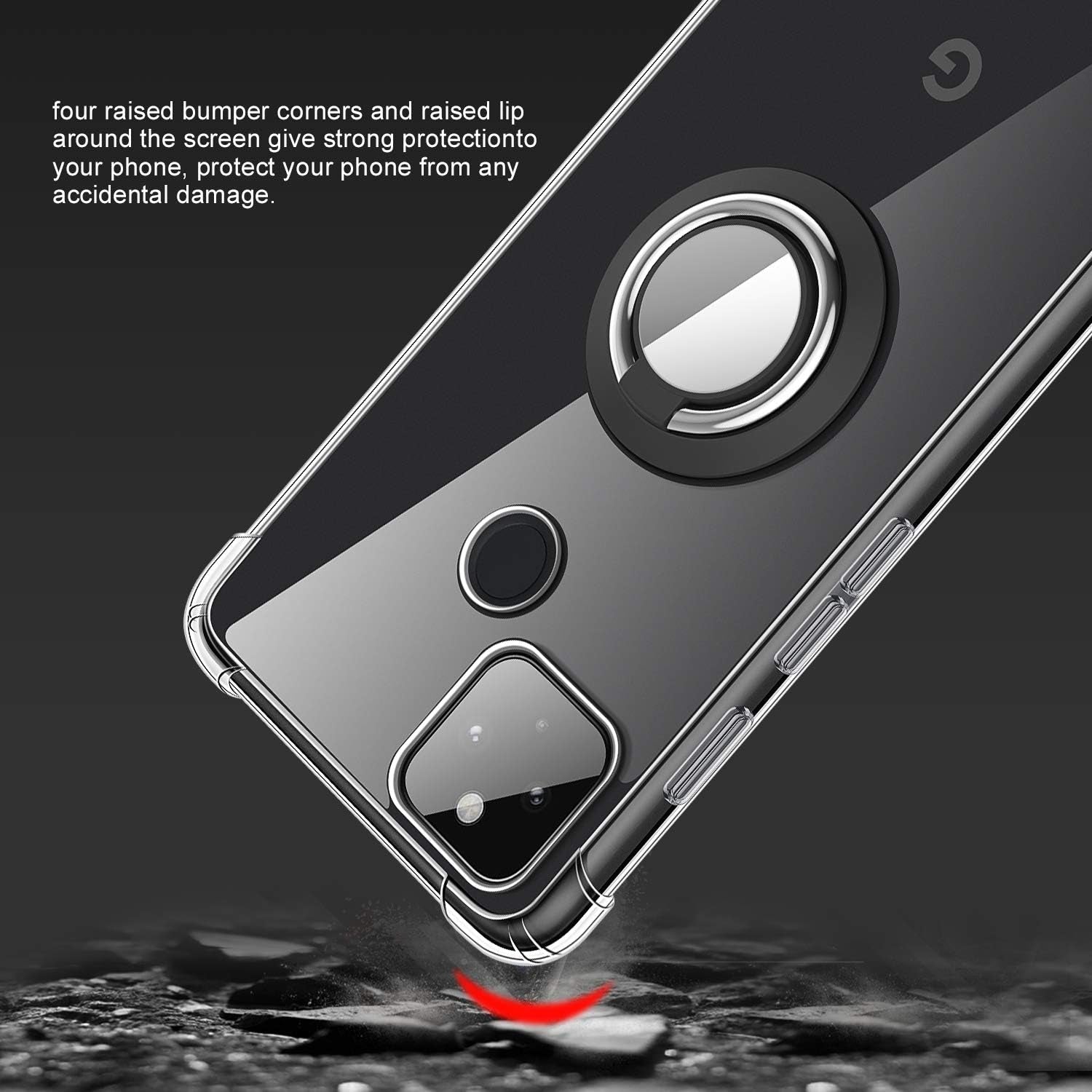 DAUPIN for Google Pixel 4A 5G Case with 360 Rotation Metal Ring Holder Stand, Support Magnetic Car Phone Mount Soft TPU Bumper PC Hard Protective Clear Phone Case for Google Pixel 5XL 6.2 Inch (Clear)  DAUPIN   
