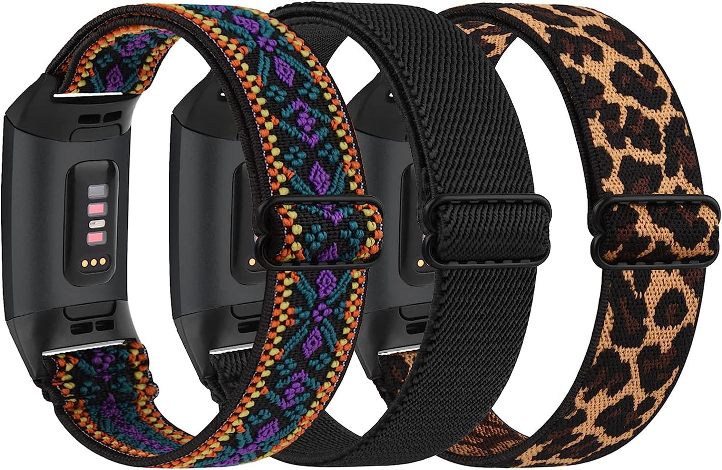 [3 Pack] Adjustable Elastic Bands Compatible with Fitbit Charge 4 / Charge 3 / Charge 4 SE Soft Stretchy Loop Bracelet Women Men Replacement Wristbands  Amzpas Black, Leopard, Boho Purple  