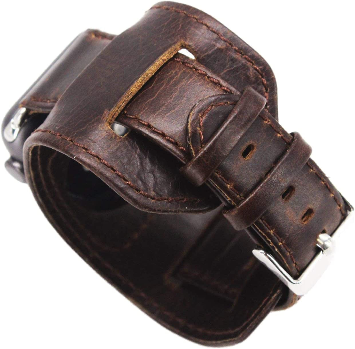 Cuff Bracelet Watch Band Retro Crazy Horse Leather Wristband Accessory Strap Compatible with 49Mm 45Mm 44Mm 42Mm Apple Watch Ultra/Se/Series 8/7/6/5/4/3/2/1(Coffee Brown)  Clatune   