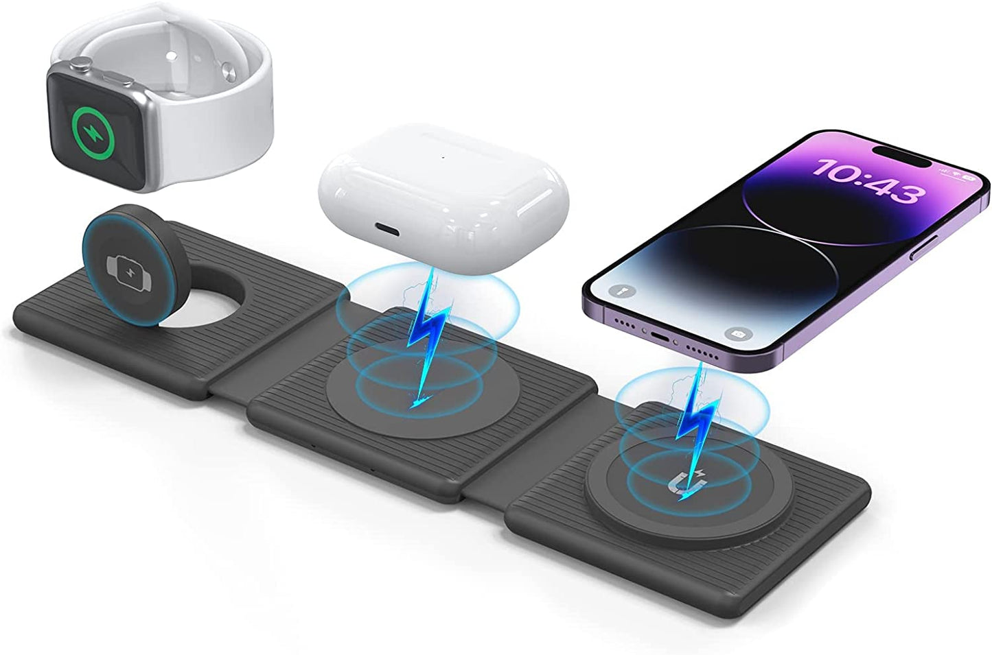 Wireless Charger,Kafiya 3 in 1 Wireless Charging Station,Foldable Travel Fast Charger Compatible for Iphone 14/Pro/Max/Plus/13/12 Series,Air_Pods 3/2/Pro,Iwatch,Samsung(Adapter Included)  KAFIYA Black  