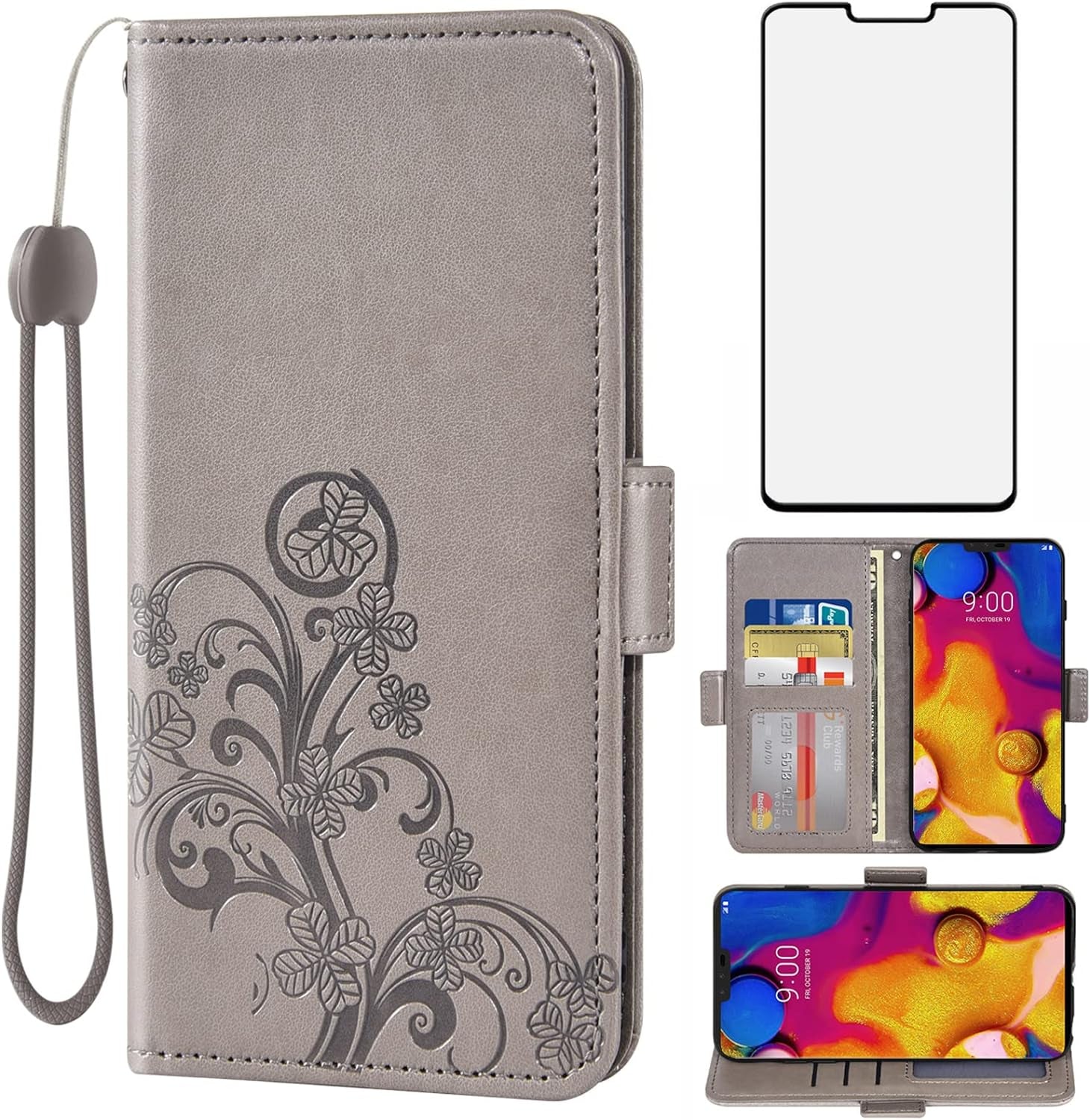 Asuwish Compatible with LG V40 Thinq Wallet Case and Tempered Glass Screen Protector Flip Wrist Strap Card Holder Cell Phone Cover for LGV40 Storm V 40 Thin Q V40Thinq LG40 40V 40Thinq Women Men Grey  Asuwish   