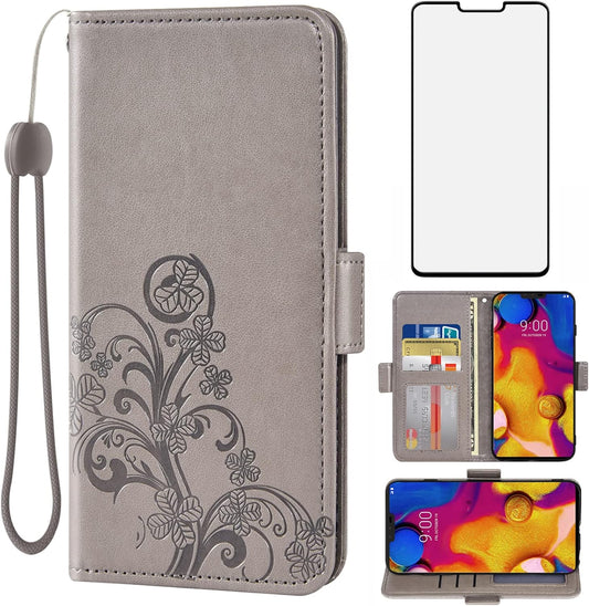 Asuwish Compatible with LG V40 Thinq Wallet Case and Tempered Glass Screen Protector Flip Wrist Strap Card Holder Cell Phone Cover for LGV40 Storm V 40 Thin Q V40Thinq LG40 40V 40Thinq Women Men Grey  Asuwish   