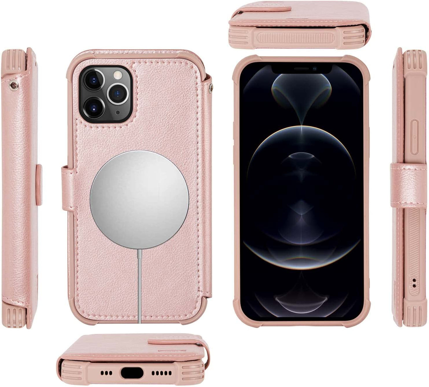 VANAVAGY Iphone 13 Pro Wallet Case Magsafe,Leather Flip Folio Phone Cover Supports Magsafe and Wireless Charging with RFID Block Card Holder and Wrist Strap,Rosegold  VANAVAGY   