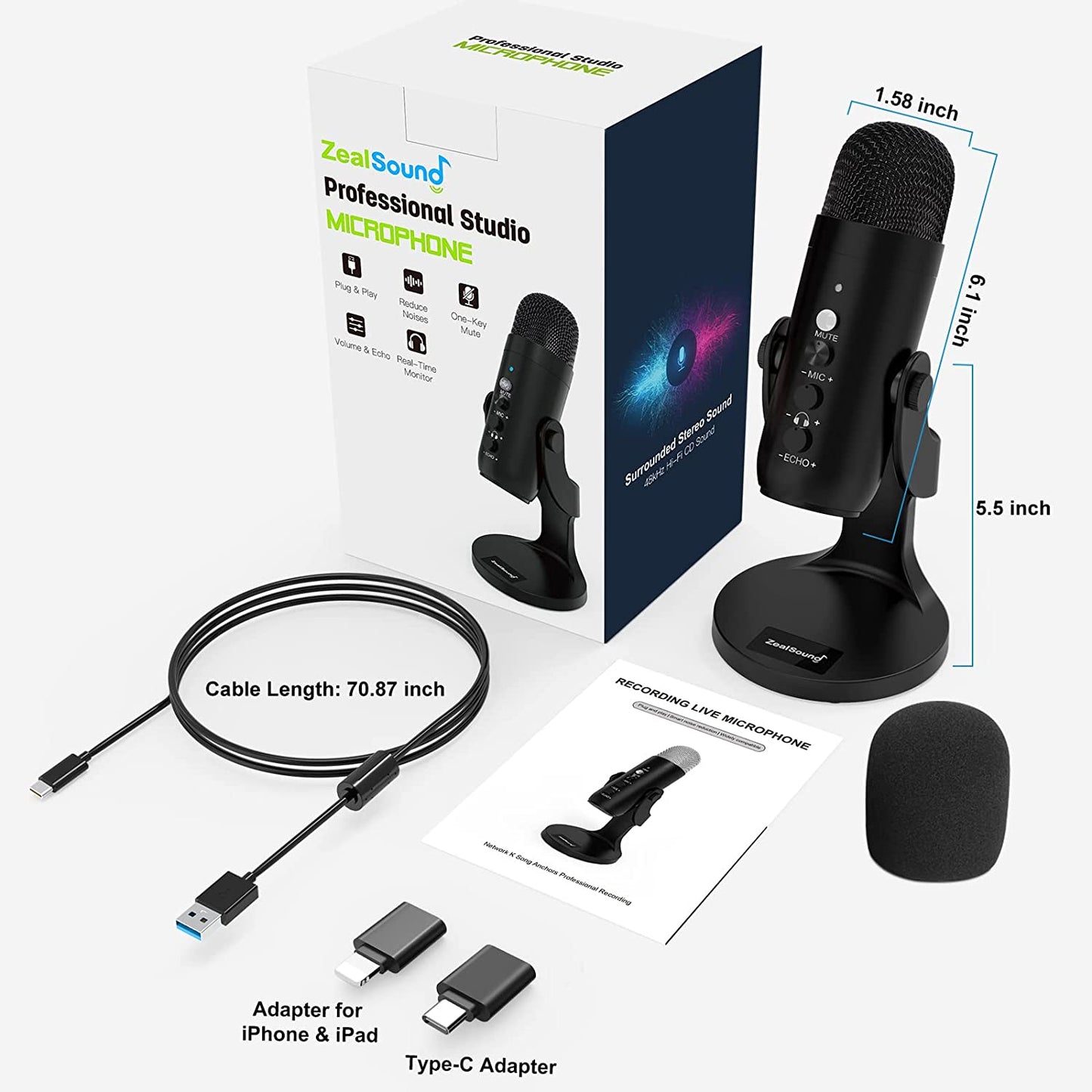 Zealsound USB Microphone,Condenser Computer PC Mic,Plug&Play Gaming Microphones for PS 4&5.Headphone Output&Volume Control,Mic Gain Control,Mute Button for Vocal,Youtube Podcast on Mac&Windows(Black)  ZealSound   