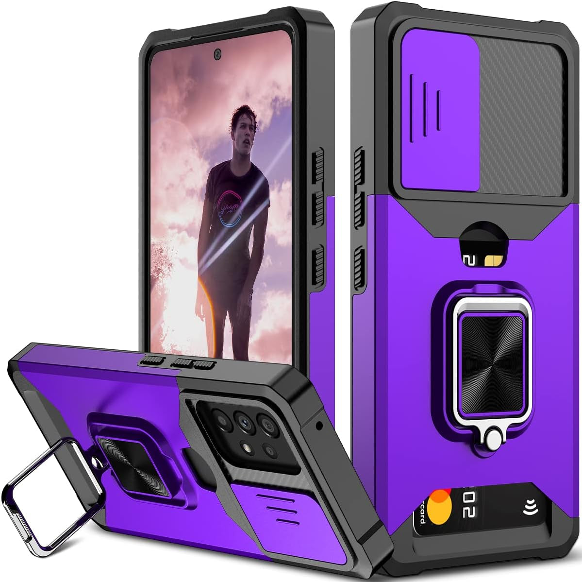 Nvollnoe for Samsung A53 5G Case with Sliding Camera Cover Heavy Duty Protective Galaxy A53 Case with Card Holder Magnetic Rotate Ring Kickstand Phone Case for Samsung A53(Black)  Nvollnoe Purple For Galaxy A53 5G 