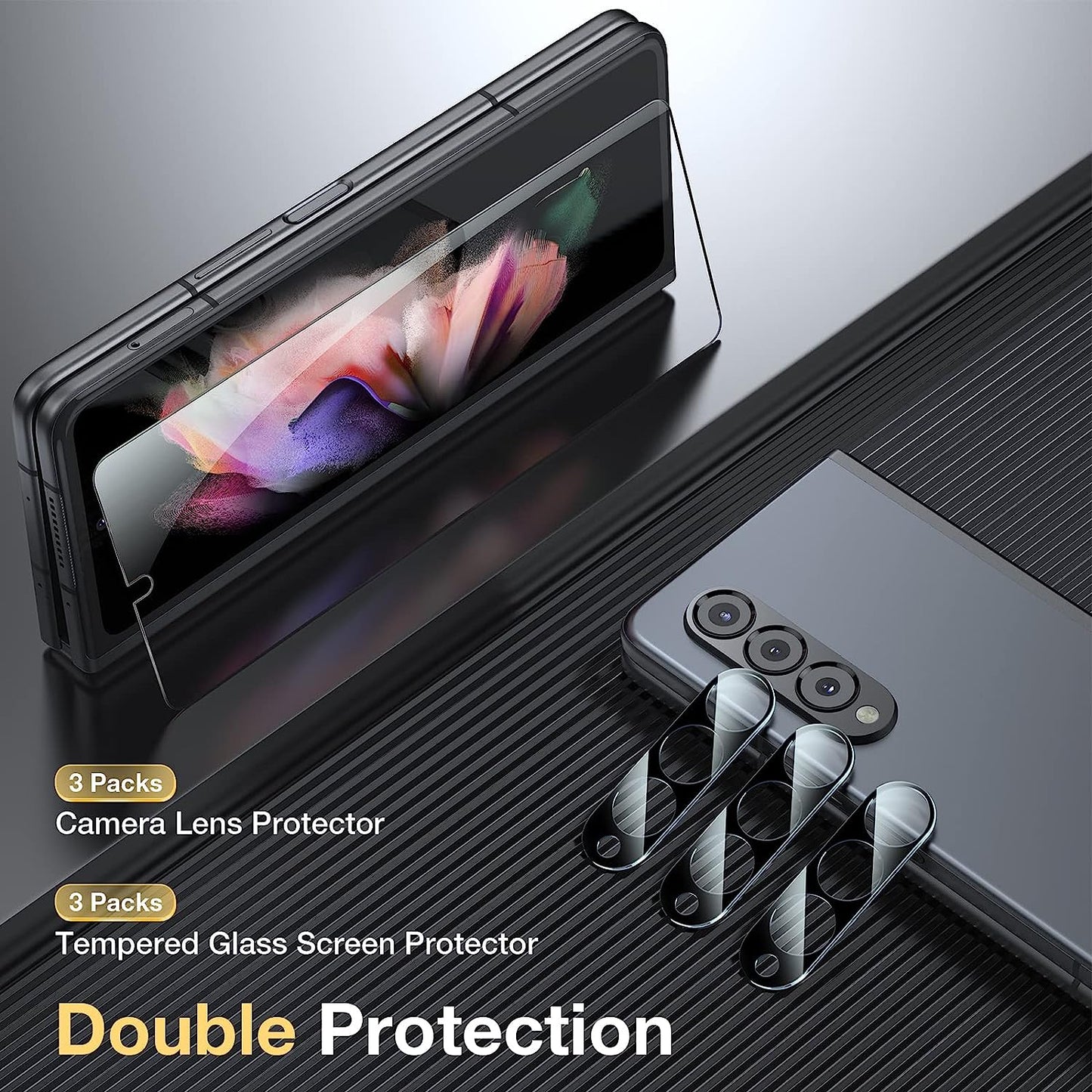 LK [3+3 Pack] 3 Pack Samsung Galaxy Z Fold 3 5G Front Screen Protector with 3 Pack Camera Lens Protector, Anti-Scratch, Hd-Ultra, Easy Installation 9H Hardness Tempered Glass for Galaxy Z Fold 3  LK   