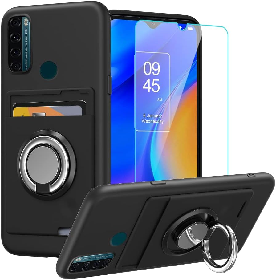 Anneey for Oneplus 11 5G Phone Case with Tempered Glass Screen Protector, Card Holder with Ring Stand Case for 1+ 11 5G Cover - Black  Anneey Tcl 20 Se  