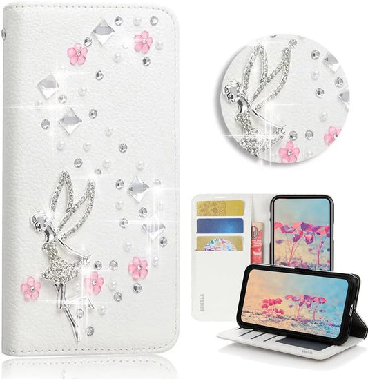 STENES LG G6 Case, LG G6 plus Case - STYLISH - 3D Handmade Bling Crystal Girls Fairy Floral Design Wallet Credit Card Slots Fold Stand Leather Cover Case for LG G6/LG G6 plus - White  STENES   