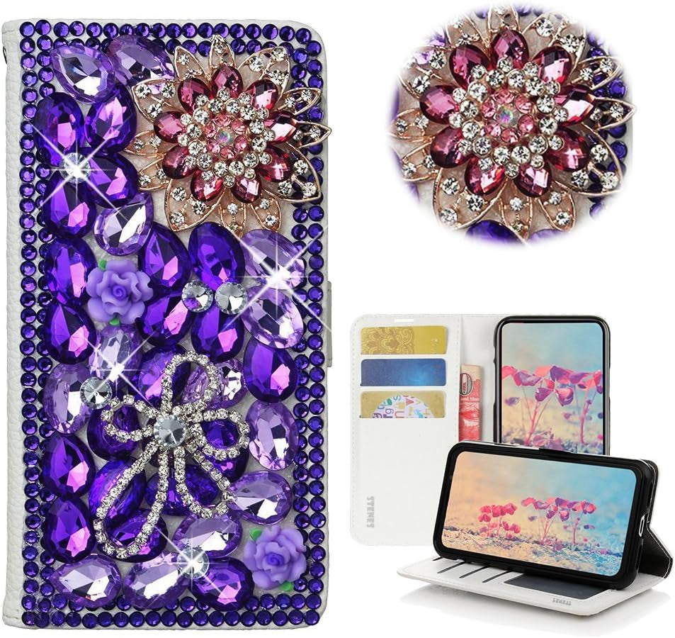 STENES LG G6 Case, LG G6 plus Case - STYLISH - 3D Handmade Bling Crystal Rose Butterfly Flowers Wallet Credit Card Slots Fold Stand Leather Cover Case for LG G6/LG G6 plus - Violet  STENES Luxury Flowers / Deep Purple  