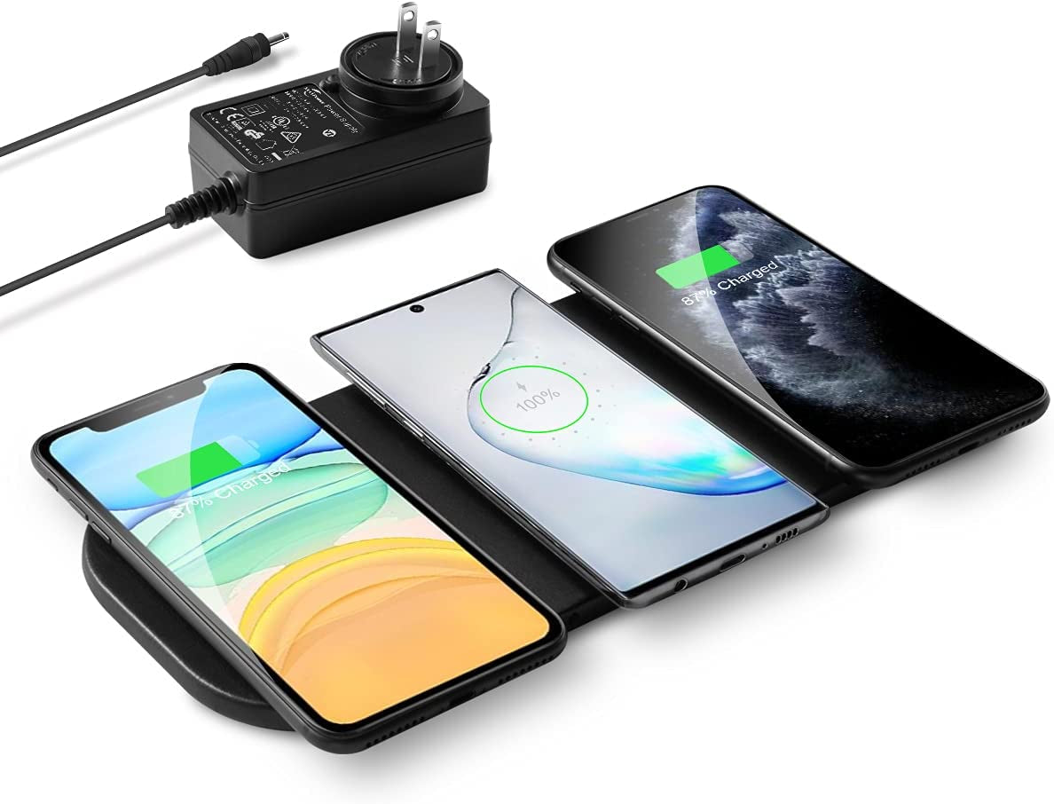 Wireless Charging Pad, Zealsound Ultra-Slim Triple Wireless Charger Station for Multiple 3 Devices & New Airpods Ultra Slim PU Leather Wireless Charging Mat W/AC Adapter for Smartphone Phone (Black)  ZealSound Black 2  