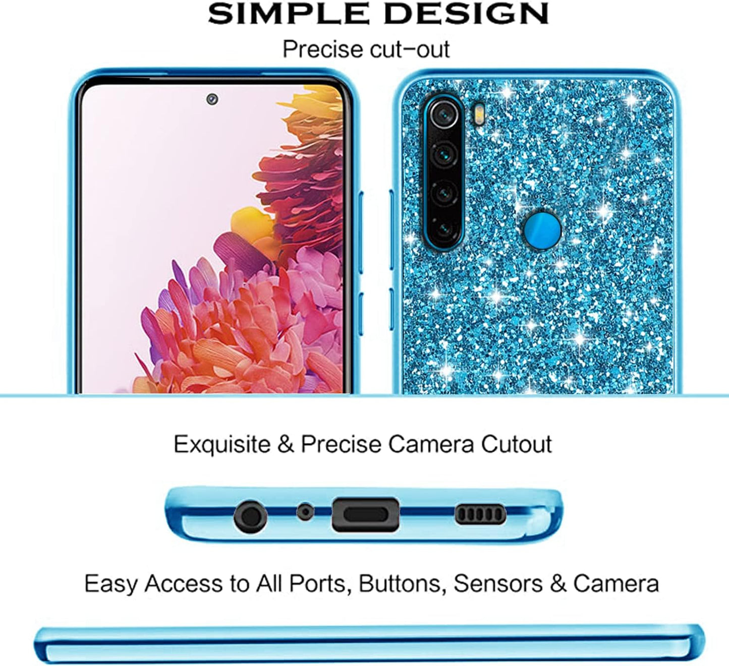 Compatible with Xiaomi Redmi Note 8 Case Glitter Shockproof,Redmi Note 8 Phone Case Bling Sparkly Soft TPU and PC Silicone Shiny Girl Women Thin Protective Cover (Blue)  Wousunly   