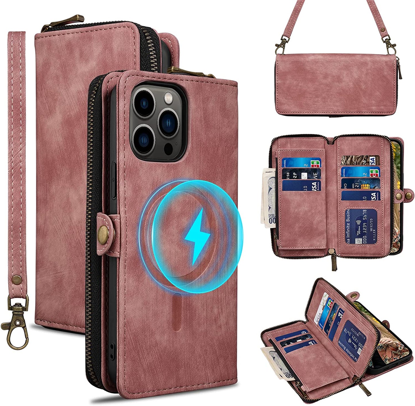 Rssviss for Iphone 12/12 Pro Case Wallet Cover for Women Men, 《RFID Blocking》《Magsafe》Credit Card Holder Leather Strap Zipper Wristlet Iphone 12 Pro Case with Magnetic Shockproof 6.1" Vintage Pink  Rssviss Vintage Pink 6,7 inch iphone 13 Pro Max 