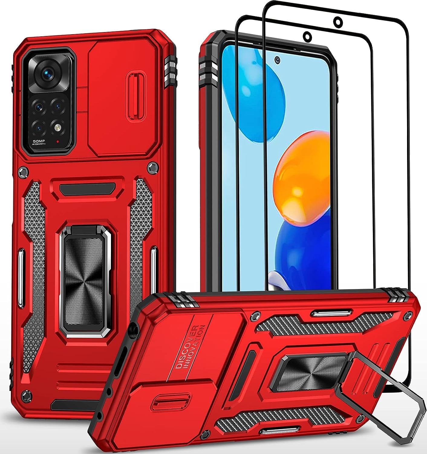 Wefor Xiaomi Redmi Note 11 (4G) Case with Slide Camera Cover, 360°Magnetic Ring Kickstand Upgraded Military Grade Shockproof Case with Magnetic Car Mount Holder (Navy Blue)  Wefor Red  