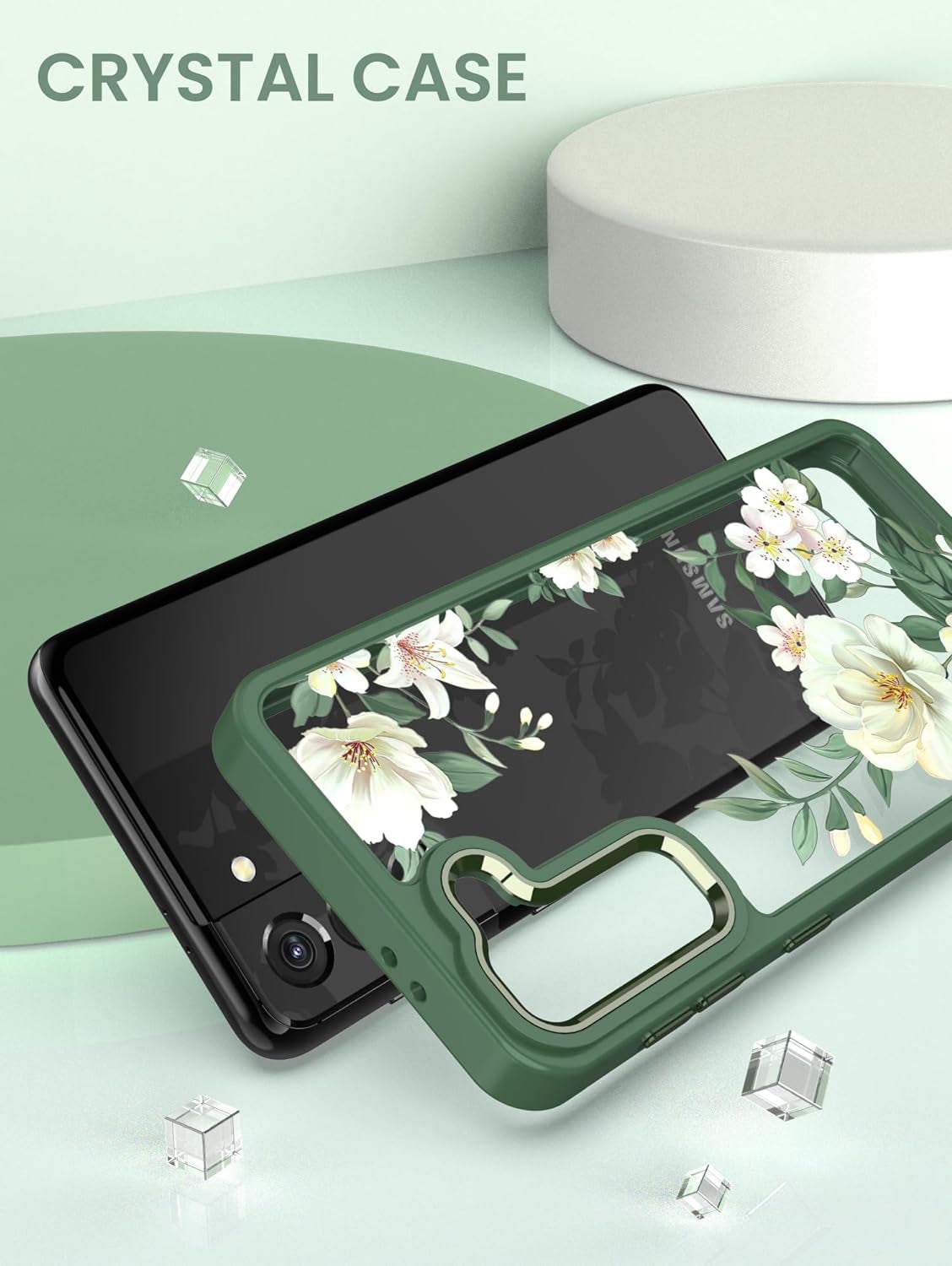 Dretal for Samsung Galaxy S21 5G Case Floral, Military Grade Drop Tested Hard Back & Soft Edge Slim Flower Women Girls Phone Protective Cover + Tempered Glass Screen Protector for Galaxy S21（Green  Dretal   