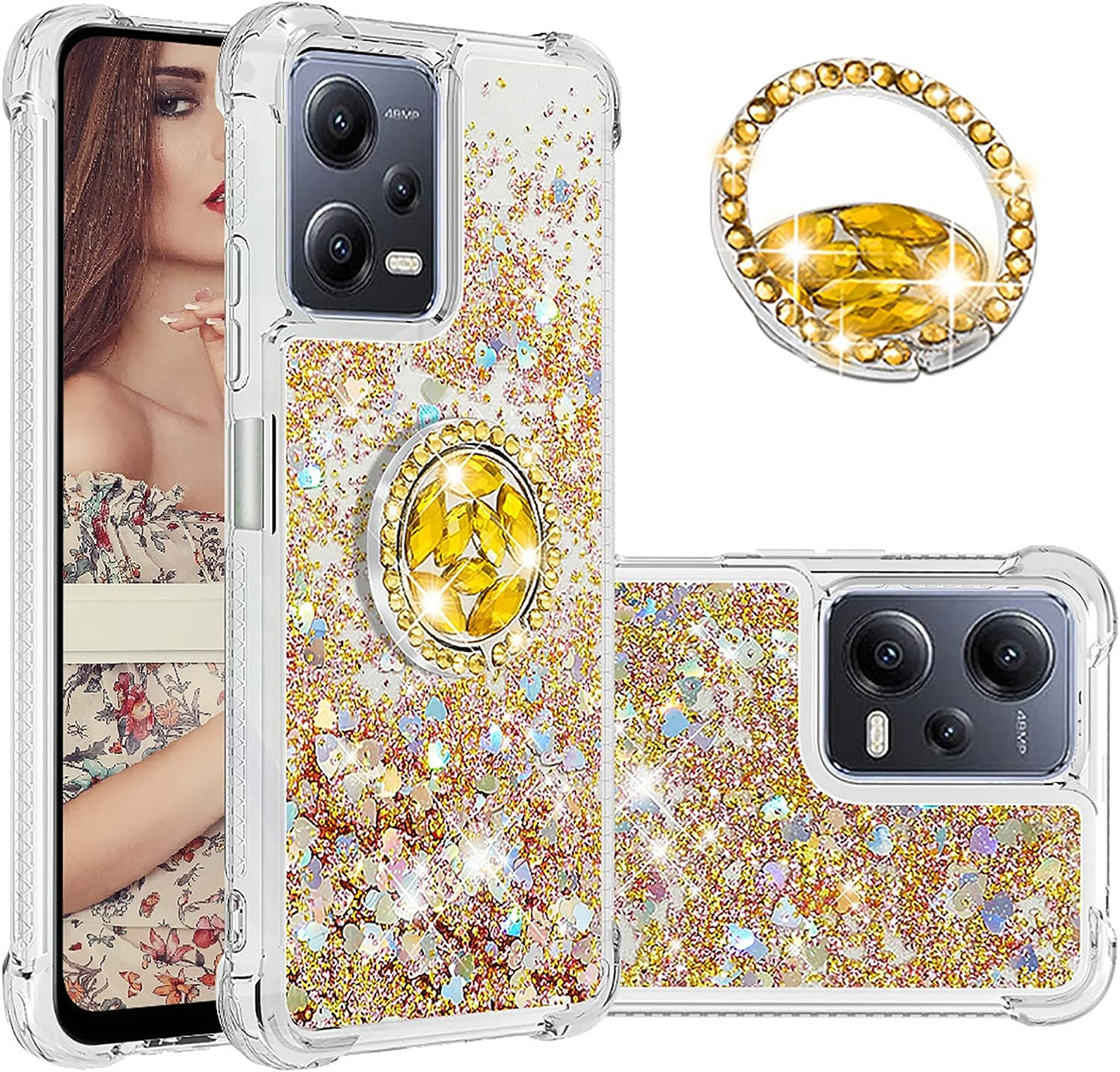 Ccsmall Glitter Clear Sparkly Bling Case for Xiaomi Redmi Note 12 4G, Flowing Liquid Quicksand Cover with Diamond Ring Holder Case for Xiaomi Redmi Note 12 4G LSZ Silver  CCSmall Colorful Gold Redmi Note 12 5G 