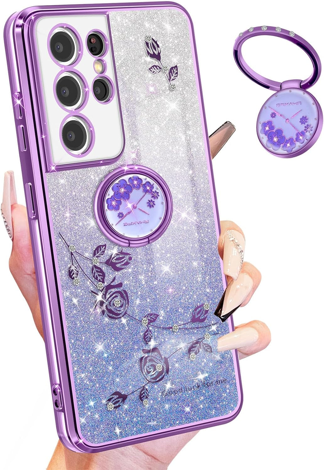 Coralogo (3In1 for Samsung Galaxy S21 Ultra Case Glitter Sparkly for Women Girls Sparkle Girly Bling Shiny Cover Cute Flowers Flora Unique Design with Ring Pretty Cases for Galaxy S21 Ultra 5G 6.8''  Coralogo Purple For Samsung Galaxy S21 Ultra 