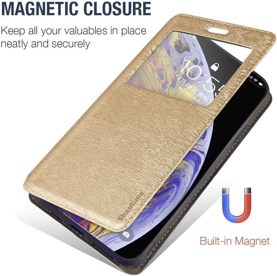 Shantime LG G8 Thinq Case, Wood Grain Leather Case with Card Holder and Window, Magnetic Flip Cover for LG G8 Thinq Gold  Shantime   