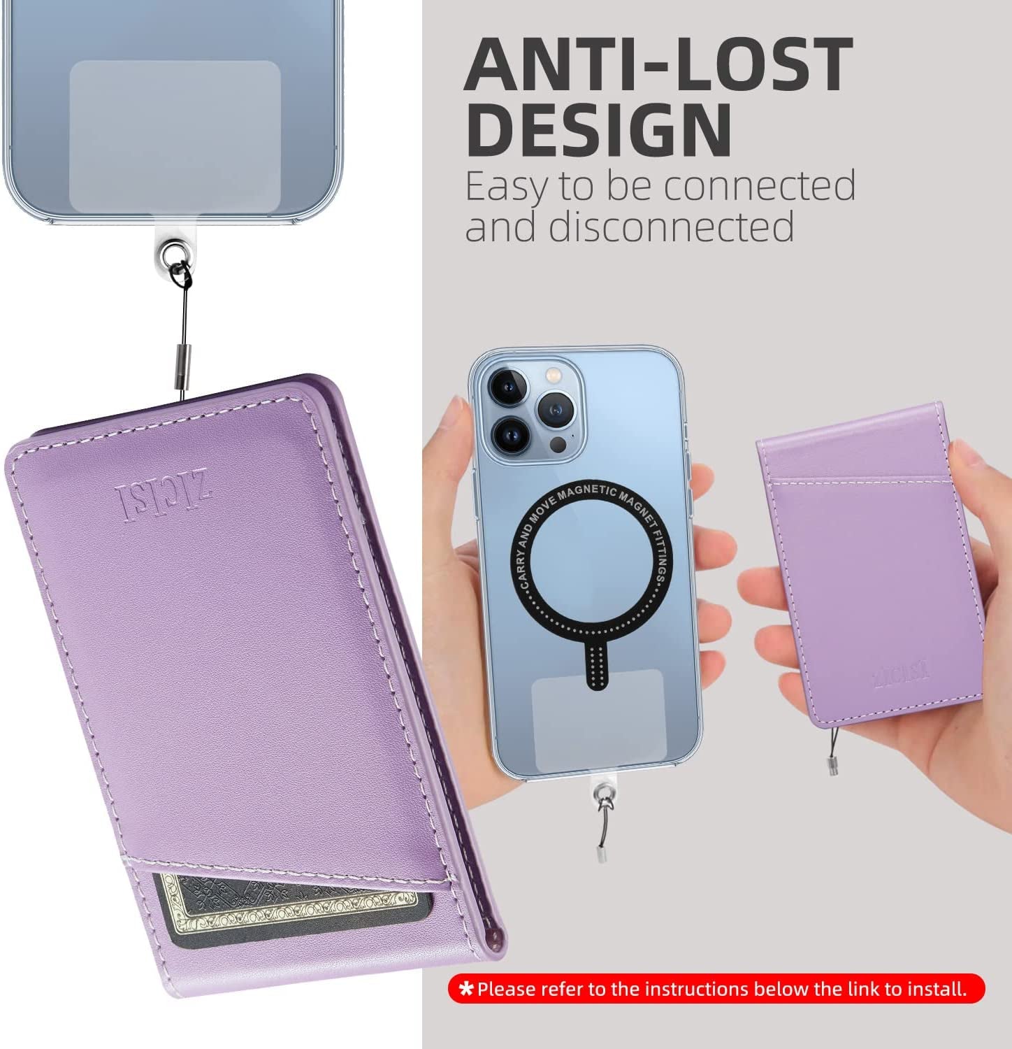 ZICISI Genuine Leather Detachable Magnetic Wallet Compatible with Magsafe Wallets Stand with 5 Card Slots & RFID Blocking&Metal Ring,For Iphone 14/13/12 Pro Max,Samsung and Android Phone Case,Purple  ZICISI   