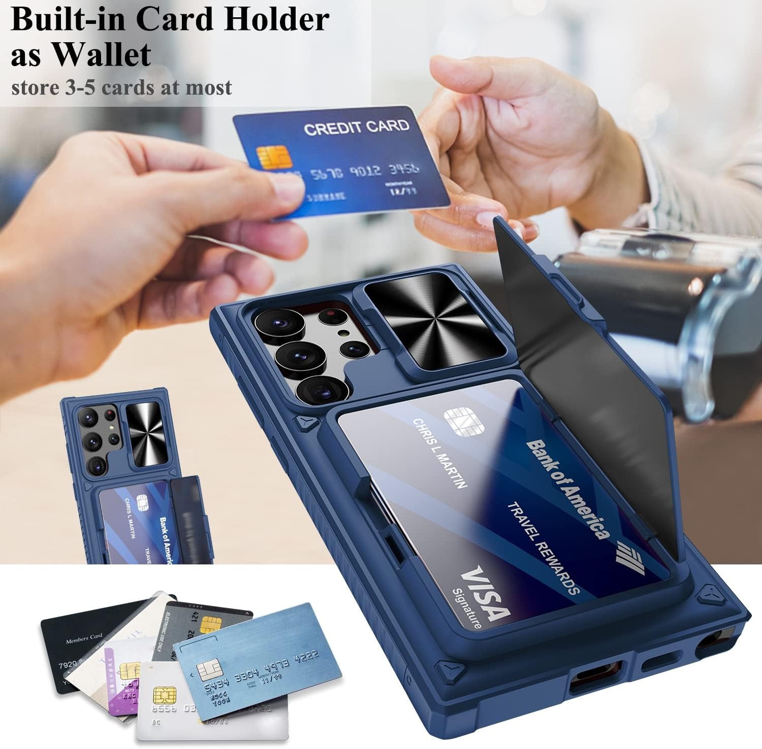 BXYJY Phone Case for Samsung Galaxy S23 Ultra with Card Holder & Kickstand & Slide Camera Cover, Protective Shockproof Phone Cover Wallet Case Compatible with Galaxy S23 Ultra 5G 2023, Blue  BXYJY   