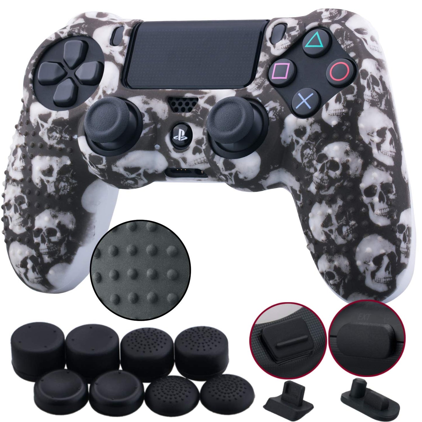9Cdeer 1 Piece of Silicone Studded Water Transfer Protective Sleeve Case Cover Skin + 8 Thumb Grips Analog Caps + 2 Dust Proof Plugs for Ps4/Slim/Pro Dualshock 4 Controller, Skull Red  9CDeer Skull Black print 