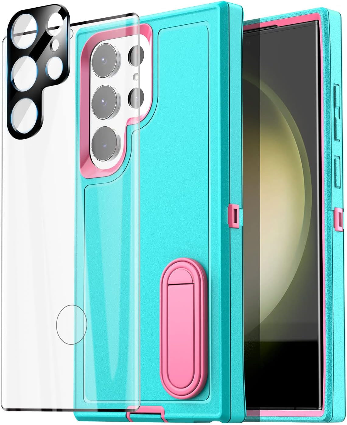 Aicase for Samsung Galaxy S23 Ultra Case,Heavy Duty Drop Protection Full Body Rugged Shockproof Military Protective Tough Durable Cover for Samsung Galaxy S23 Ultra 6.8"_Burgundy/Pink  AICase Sky Blue/Pink With Glass Protector+Camera Lens  