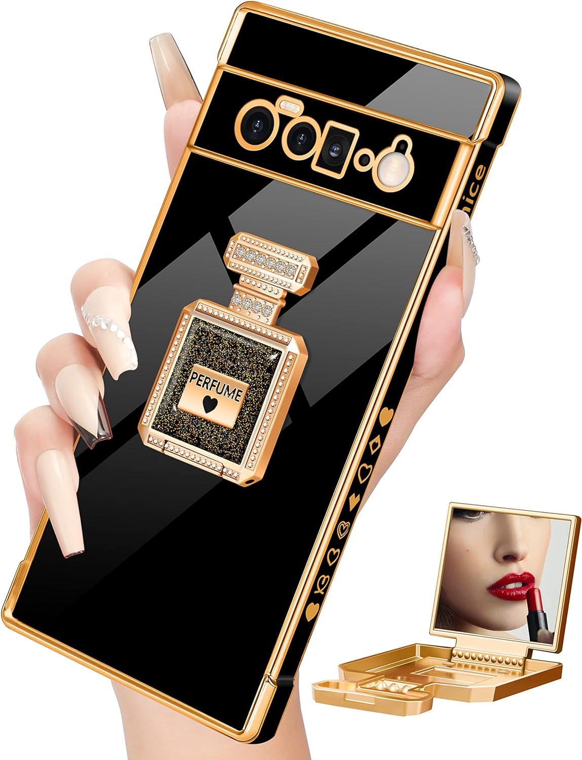 Buleens for Pixel 6 Pro Case with Metal Perfume Bottle Mirror Stand,Cute Women Girly Heart Cases for Google Pixel 6 Pro Case, Elegant Luxury Phone Cover for Pixel 6 Pro Phone Case 6.7''Sierra Blue  Buleens Black For Google Pixel 6 Pro 