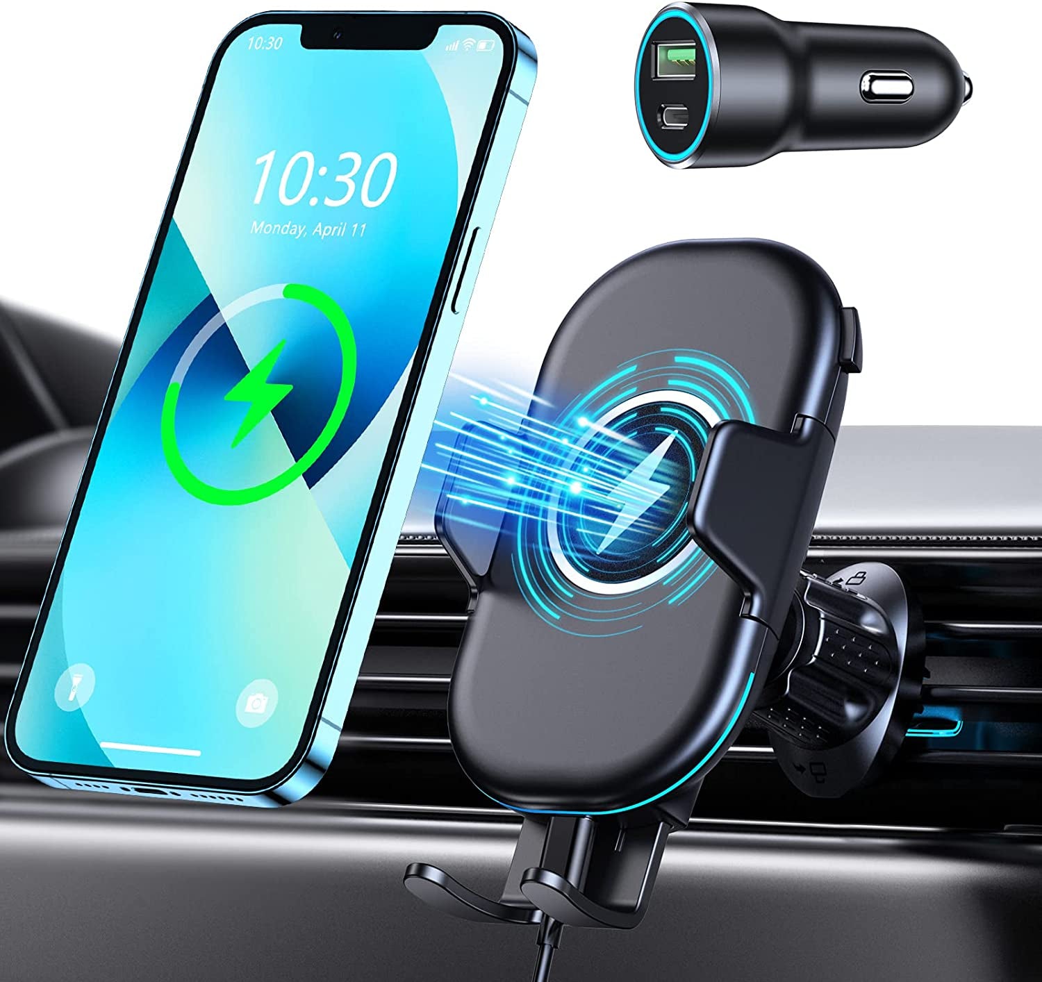 Wireless Car Charger, OBRFFE 15W Qi Car Phone Holder Mount Wireless Charging with QC3.0 Adapter, Fast Charging Phone Mount for Car Compatible with Iphone 14 13 12 11 Pro Max, Samsung Galaxy S23/S22  OBRFFE Vent Clip  