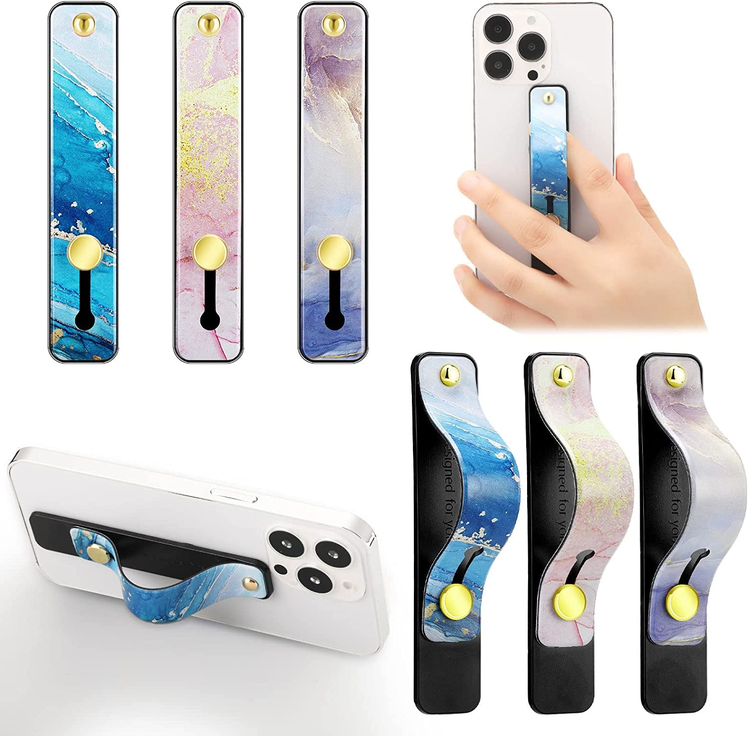 Weewooday 6 Pieces Phone Strap Grip Holder Finger Cell Phone Grip Telescopic Phone Finger Strap Stand Universal Finger Kickstand for Most Smartphones (Dreamy Colors)  Weewooday Marble Color  