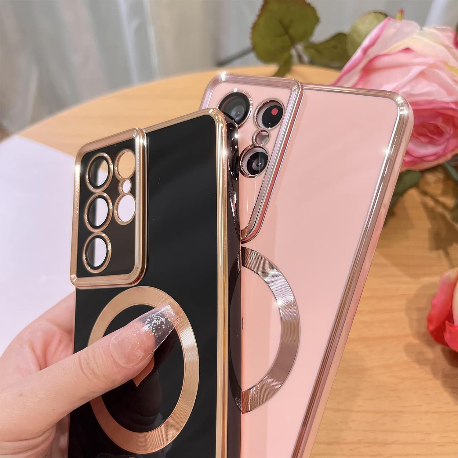 Bonoma Magnetic Case for Samsung Galaxy S21 Ultra Compatible with Magsafe, Cute Love Heart Luxury Plating Back Cover with Edge Elegant Aesthetic Hearts Pattern Silicone Phone Case-Pink  Bonoma   