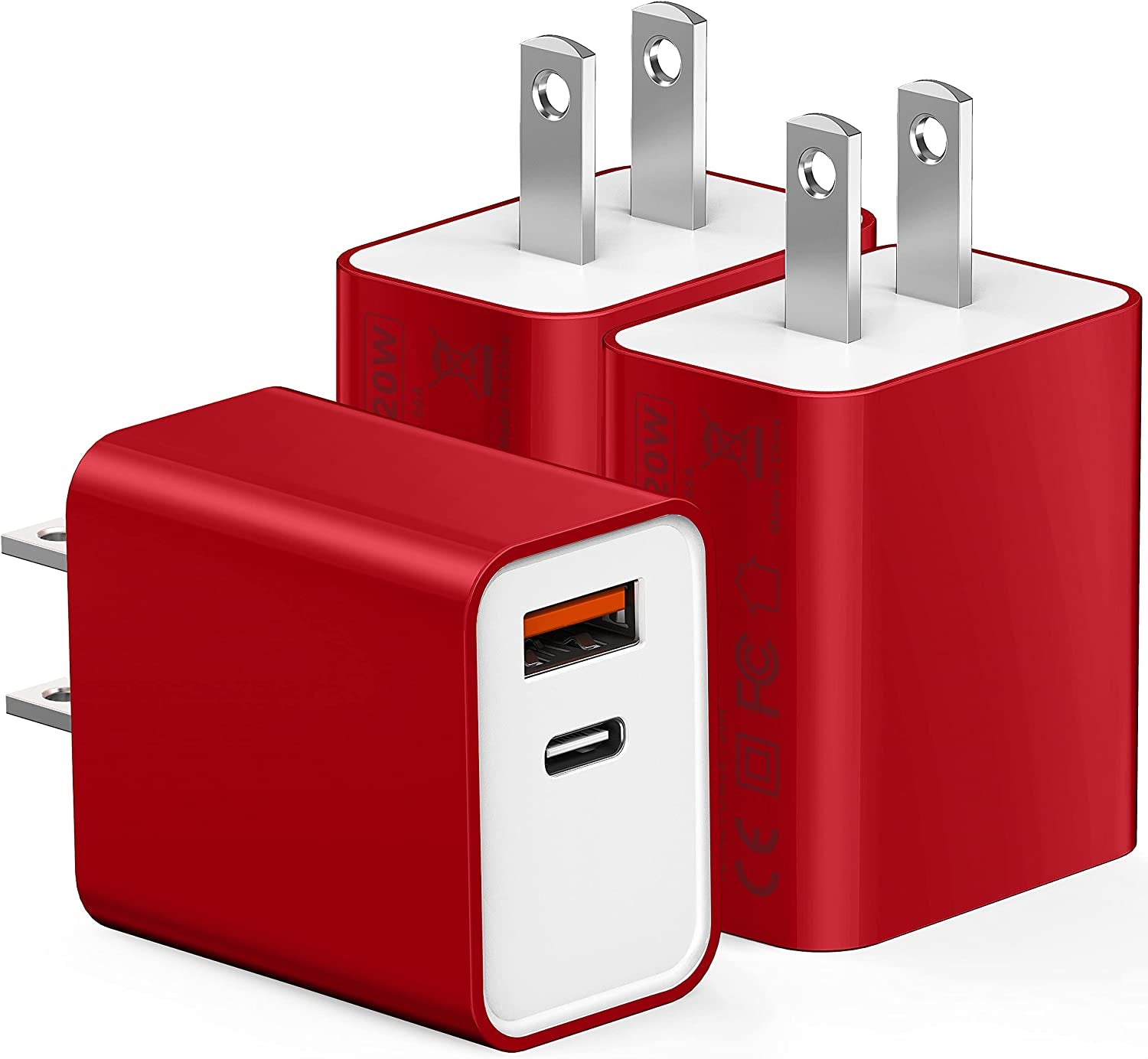 [3 Pack] USB-C Wall Charger, 20W Durable Dual Port QC+PD 3.0 Power Adapter, Double Fast Plug Charging Block for Iphone 14/14 Pro/14 Pro Max/14 Plus/13/12/11, XS/XR/X, Watch Series 8/7 Cube(White)  CSODINCE Red  