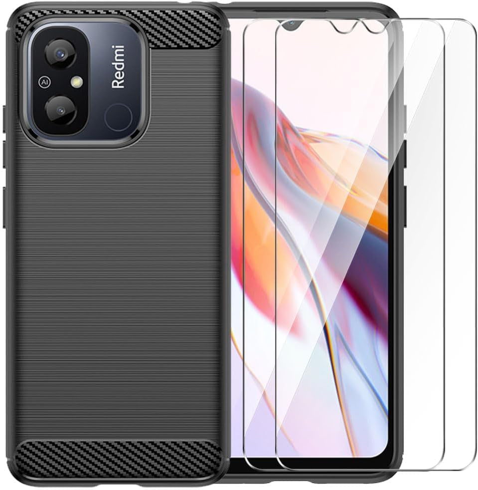 WDMYLFTW for Xiaomi Redmi 12C Case with 2 HD Screen Protector, Upgraded Non-Slip Shock-Absorption Flexible TPU Carbon Fiber Bumper Soft Rubber Protective Phone Case Cover (Navy)  WDMYLFTW Black  