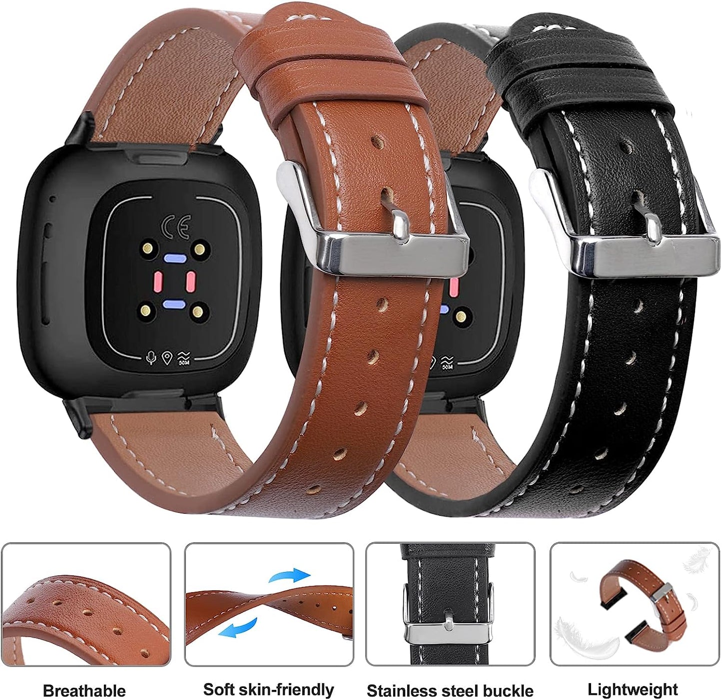 2 Pack Leather Bands Compatible with Fitbit Versa 3 Bands/Fitbit Sense Bands for Women Men, Classic Soft Leather Replacement Wristbands Strap for Fitbit Versa 3 / Fitbit Sense  POHNUI   