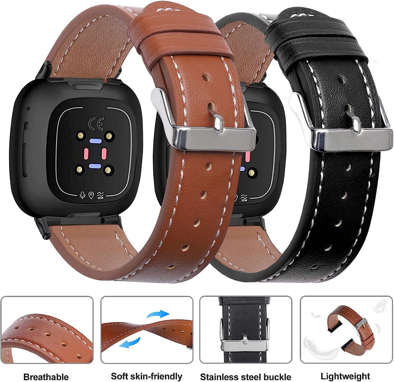 2 Pack Leather Bands Compatible with Fitbit Versa 3 Bands/Fitbit Sense Bands for Women Men, Classic Soft Leather Replacement Wristbands Strap for Fitbit Versa 3 / Fitbit Sense  POHNUI   