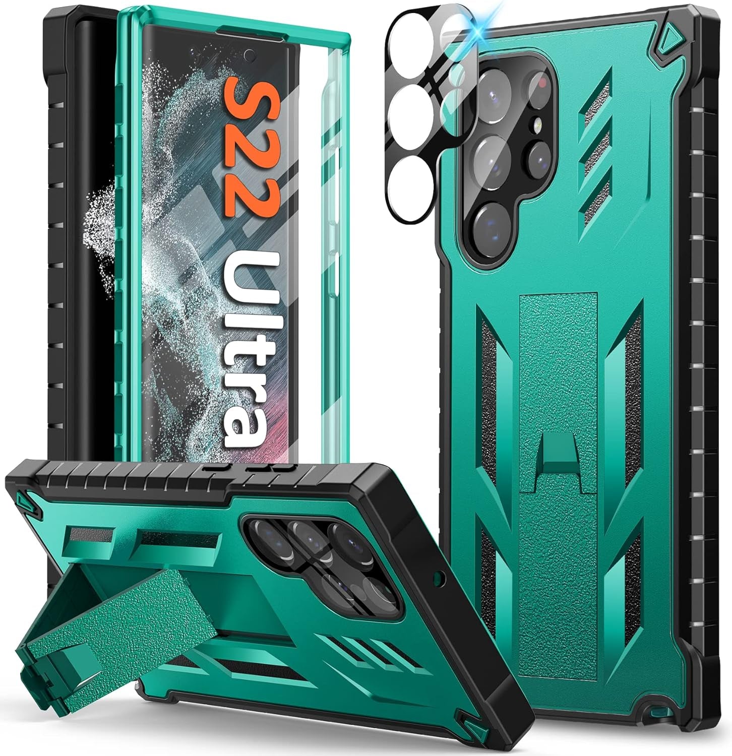 FNTCASE for Samsung Galaxy S22 Ultra Case: Built-In Screen Protector & Kickstand Full-Body Dual Layer Rugged Military Grade Shockproof Protection Heavy Duty Protective Phone Cover 5G-Black  FNTCASE Green  