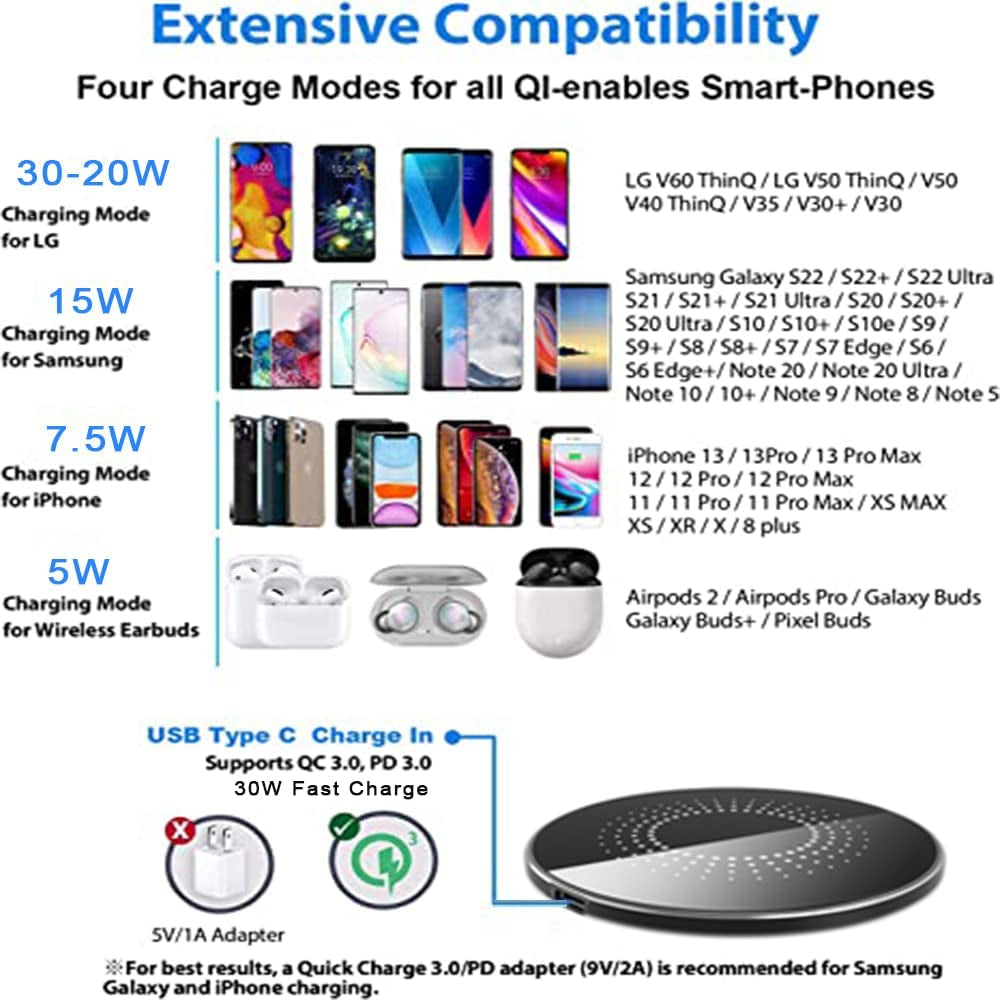 30W Wireless Charger Pad, Wireless Charger 30W, Fast Wireless Charger, Wireless Charging Compatible with Samsung Galaxy S22/S22+/S21/S20/S10, Fast Charger Compatible with Iphone 13/14/12/11 Series  Huizhou Yili Information Technology Co., Ltd.   