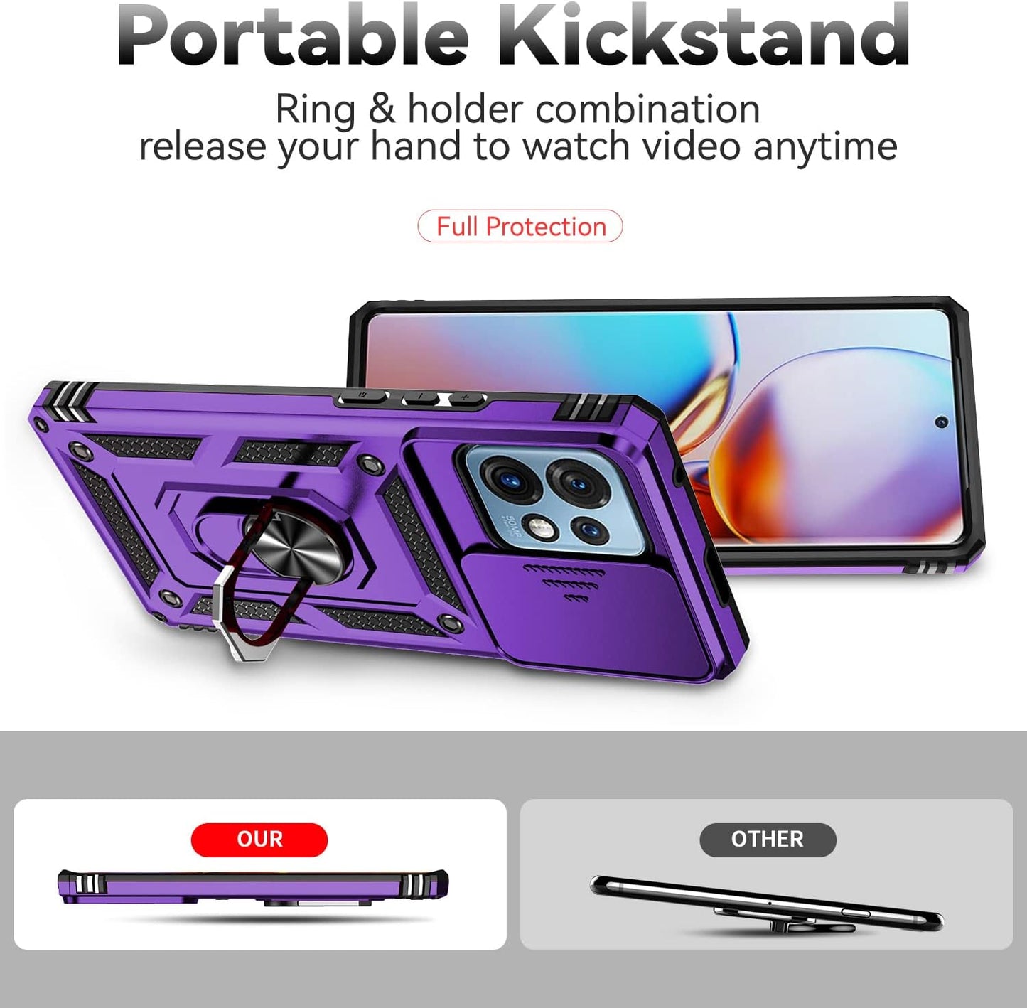 For Motorola Edge plus 2023 Case W/ Slide Camera Cover HD Screen Protector [Military Grade 16Ft. Drop Tested] Magnetic Ring Holder Kickstand Protective Phone Case for Motorola Edge+ plus 2023, Purple  PUSHIMEI Co., Ltd.   