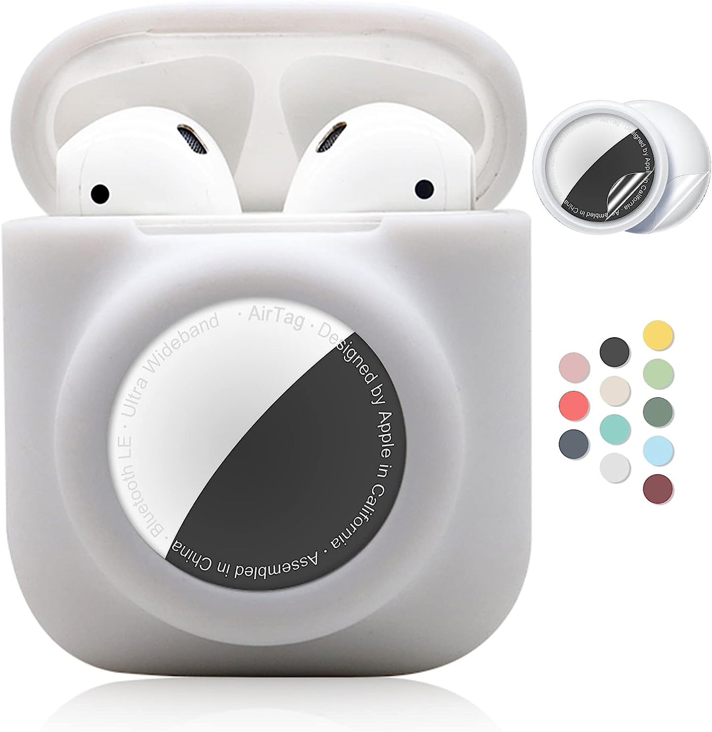 2 in 1 Silicone Protective Skin Cover Compatible with Airpod 1&2 and Airtag, Soft Comprehensive Protective Case with 2 PCS TPU Screen Protector, Anti-Scratch Anti-Fall Anti-Lost(Black)  Enspito White  