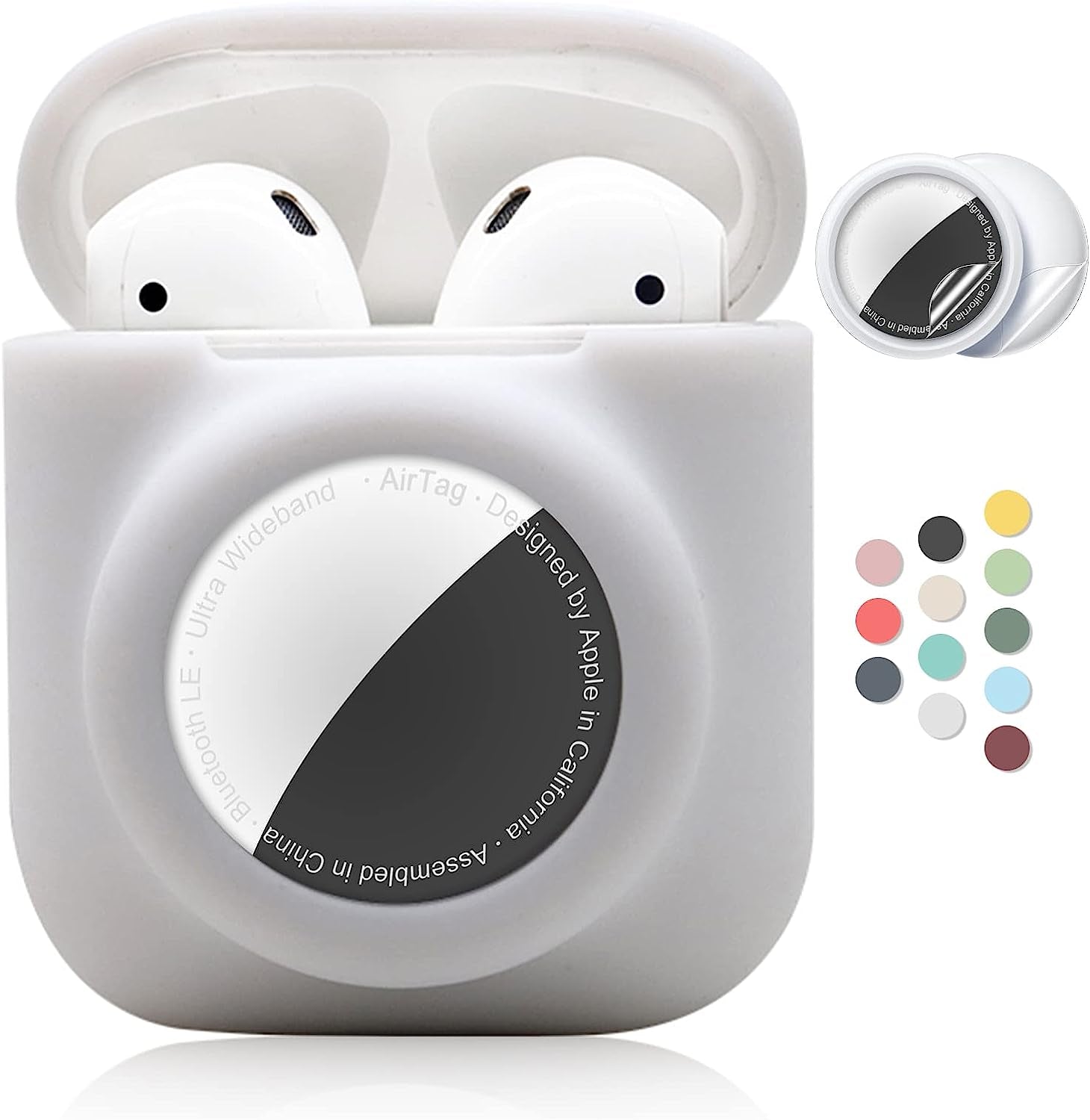 2 in 1 Silicone Protective Skin Cover Compatible with Airpod 1&2 and Airtag, Soft Comprehensive Protective Case with 2 PCS TPU Screen Protector, Anti-Scratch Anti-Fall Anti-Lost(Black)  Enspito White  