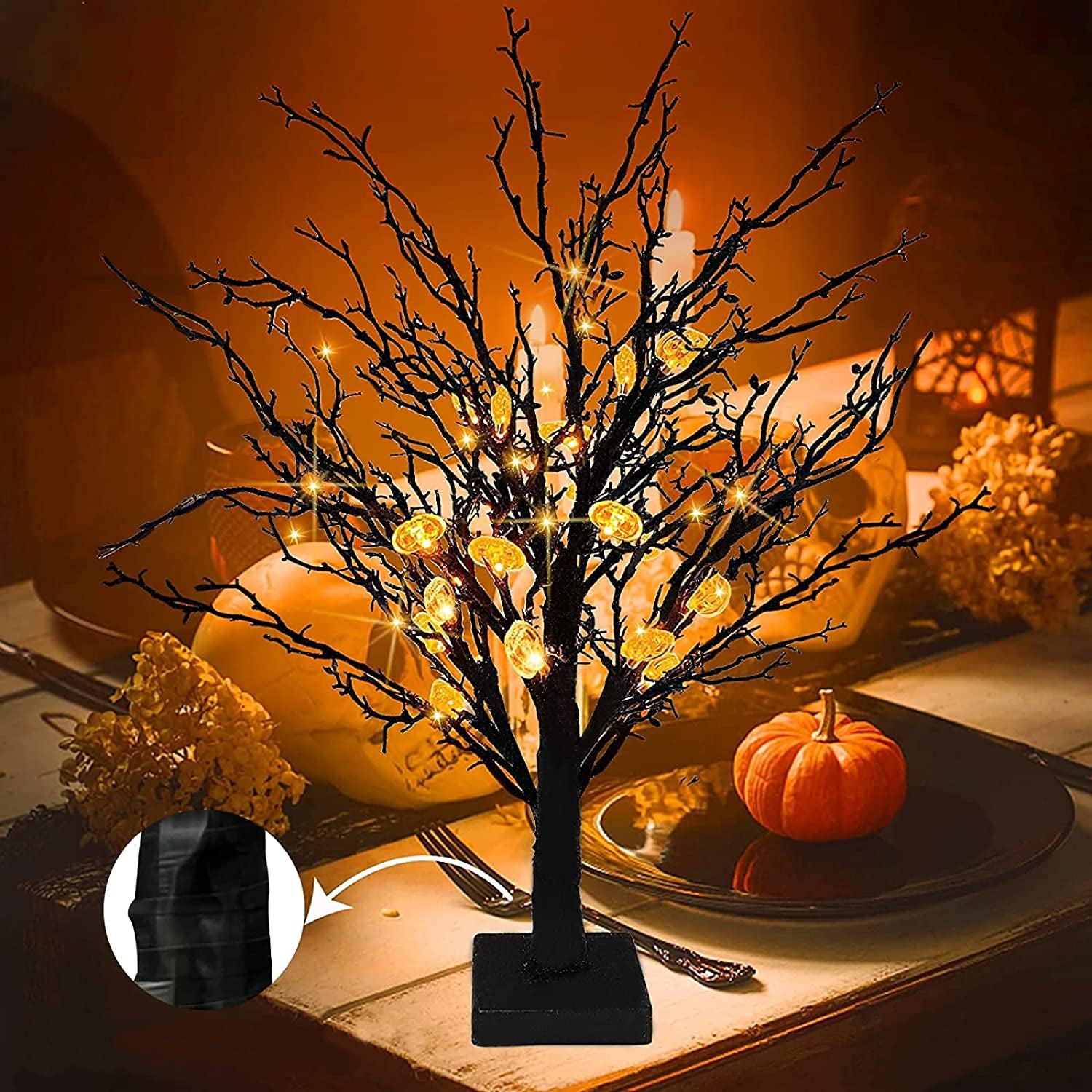 [ Timer ] 24”/ 2FT Prelit Halloween Trees Decorations with Timer 24 Orange LED 25 Pumpkin Battery Powered Halloween Black Spooky Tabletop Tree Scary Ornament Halloween Decoration Indoor Home Party  TURNMEON   