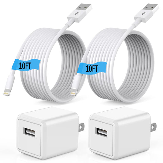 (Apple Mfi Certified)Iphone Charger 10Ft,2Pack 10 Foot Long Data Syncing Charging Lightning Cord Cable with 2Pack USB Wall Charger Travel Plug Adapter Box Compatible with Iphone 12/11 Pro/11/X/Xs/8/7  Yeptech   