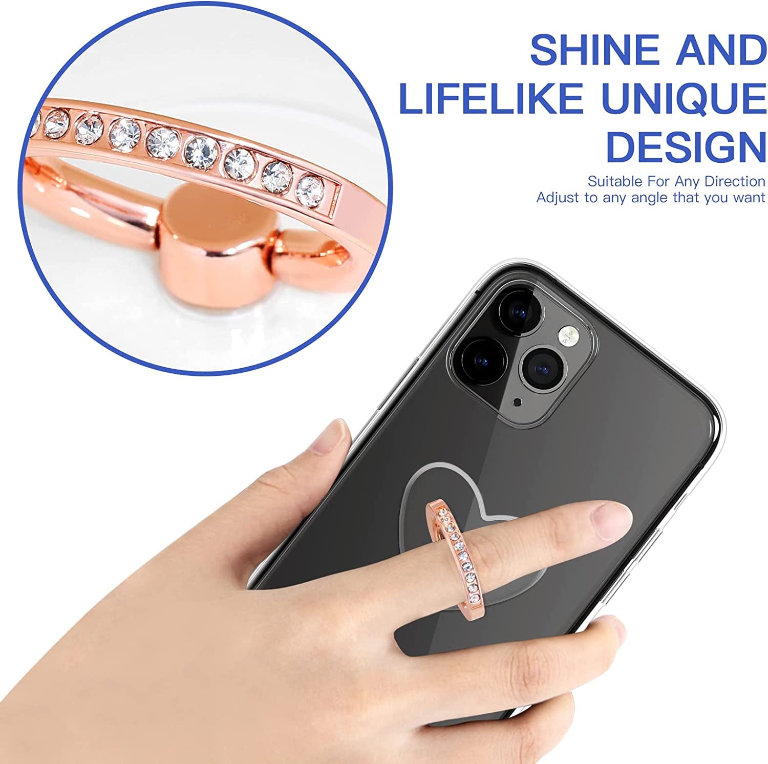 YINHEXI 2 Pcs Transparent Phone Ring Stand Holder Cell Phone Ring Holder Finger Grip 360 Degree Rotation (Rose Gold & Diamond-3)  YINHEXI   