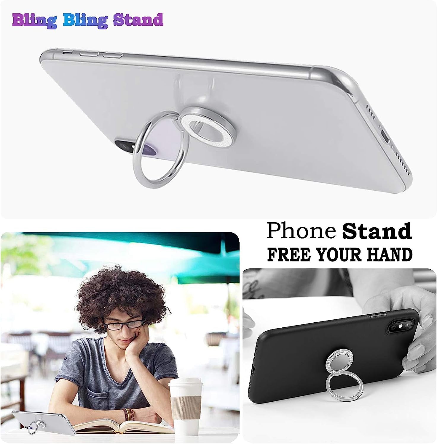 Lenoup Glitter Bling Bling Phone Ring Holder,Sparkle Phone Ring Kickstand, Cell Phone Finger Ring Grip for Almost All Phones/Pad(Silver)  lenoup   